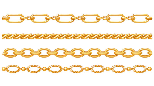 Set of gold chain borders and rope links isolated on white