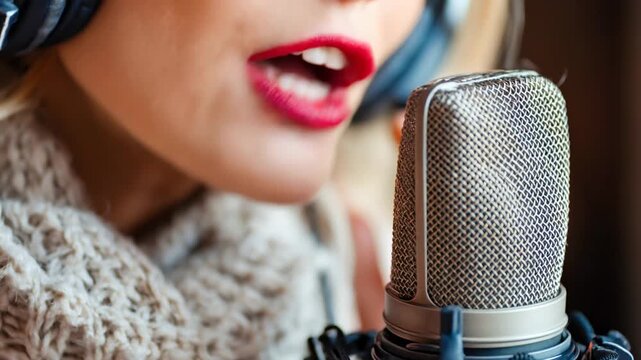 Female voice actor records song in studio during morning session Generative AI