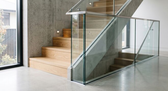 A modern staircase with wooden steps and glass railing in a minimalist interior with concrete walls and floor
