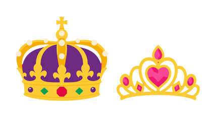 Golden crown and pink tiara isolated cartoon royal icon set © Mark