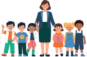Obraz premium Teacher with diverse school children group promoting education learning and classroom community