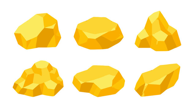 Set of faceted gold nuggets isolated on white background