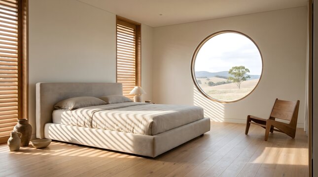Minimalist Architectural Bedroom Interior with Linen Bed, Oak Flooring, and Round Window Natural View