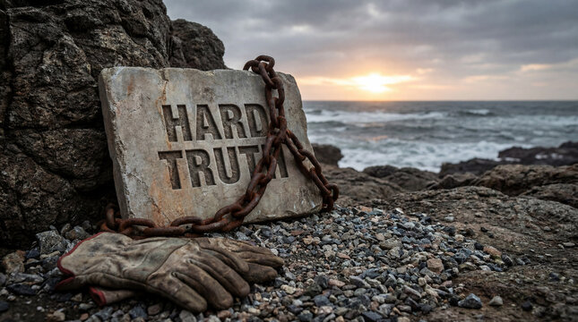 Hard truth engraved on a heavy stone slab with a rusty chain and worn work gloves on a rocky coast during sunset