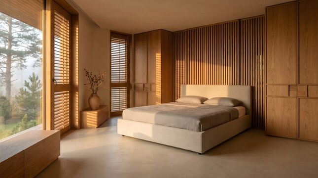 Modern Minimal Bedroom Interior with Linen Bed, Oak Slat Panels, and Misty Pine Garden View