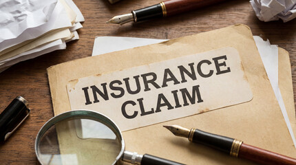 Fototapeta premium Insurance claim folder with documents, magnifying glass, and pens on a wooden desk, representing accident investigation
