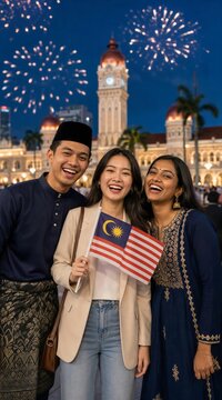 Diverse Malaysian Friends Celebrating National Day at Dataran Merdeka