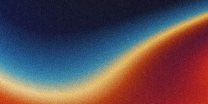 Smooth wavy fluid gradient abstract background with vintage grain noise texture. Blended deep navy blue, light cyan, warm golden yellow and rich rust red diagonal color flow.
