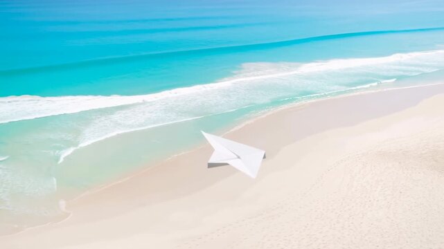 Paper airplane lifting above pale sandy beach near turquoise shoreline with wide elevated