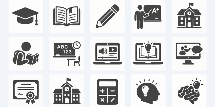 Comprehensive set of vector icons for education, featuring school, graduation, online learning, academic achievements, and intellectual development. Ideal for learning platforms