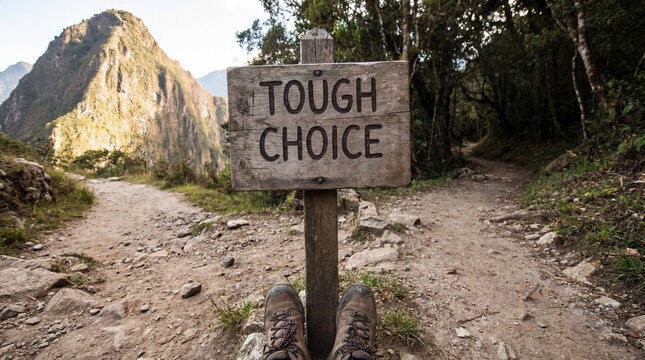 Hiker facing a tough choice at a crossroads of diverging dirt paths, deciding which way to go forward in nature