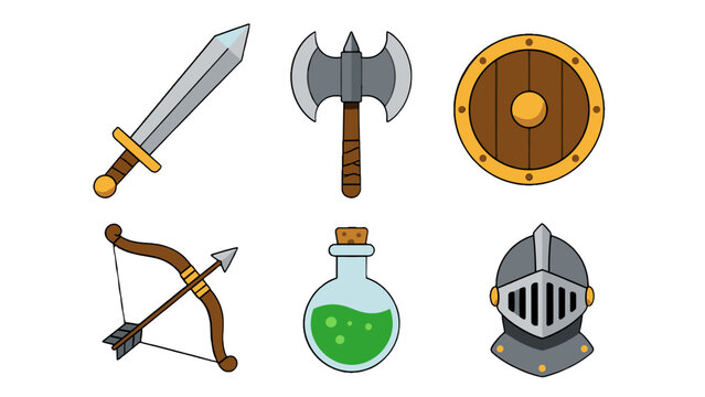 Cartoon fantasy weapons and armor icon set