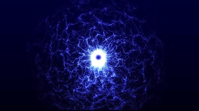 Blue cosmic stardust explosion with bright glowing center core particle energy effect background, Abstract blue particle nebula and plasma energy wave burst, Glowing blue quantum particle physics text