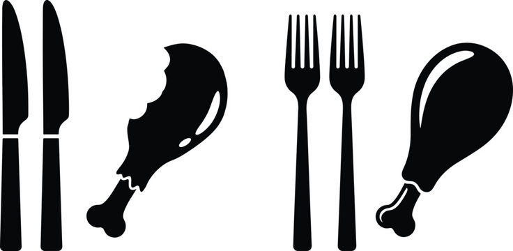 Black chicken drumstick silhouette vector icon set with fork and knife isolated on white background for fast food restaurant menu design and cafe branding