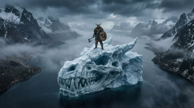 Viking Warrior Stands on an Ice Dragon Skull in Foggy Fjord Landscape