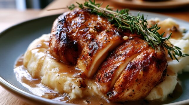 Roasted chicken breast with mashed potatoes and gravy