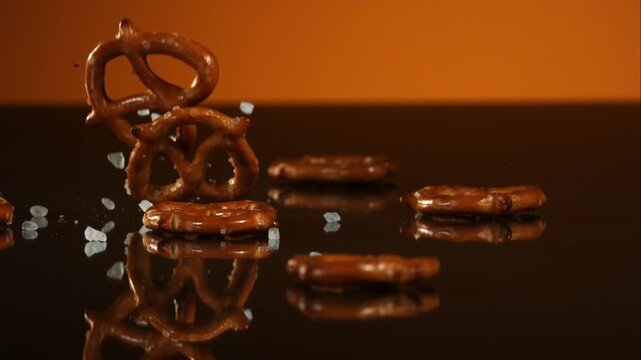 Close up of delicious crunchy pretzels falling onto a black reflective surface with grains of sea salt scattering