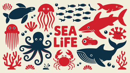 Cute sea life illustration collection with marine animals and ocean creatures in flat style. © MDTOFIZUL