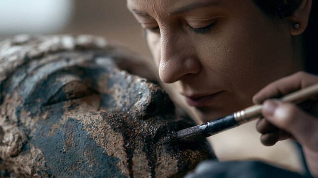Conservator using a fine brush to clean centuries of grime from a carved stone face just lifted from an underwater archaeological site, water still dripping from the artifact,