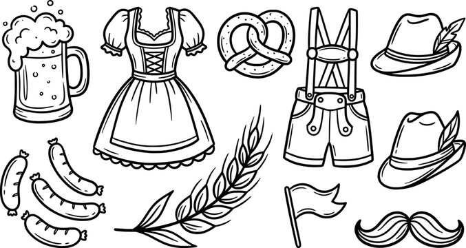 Oktoberfest doodle set, traditional german beer festival elements including beer mug, dirndl, lederhosen, pretzel, sausages, and hat
