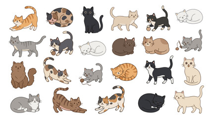 Obraz premium Cute cartoon cats vector set with playful kittens, sleeping pets, tabby, calico and black cat poses