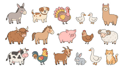 Fototapeta premium Cute farm animals vector illustration set with cartoon livestock, poultry, pets and barnyard characters