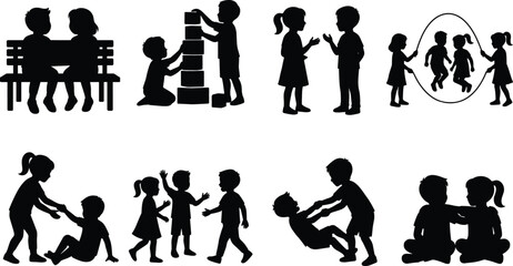 Obraz premium Children Playing Together Silhouette Set with Friendship Learning and Outdoor Activities