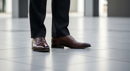 Fototapeta premium Close-up of business person legs standing on modern tiled floor, formal black trousers and polished shoes