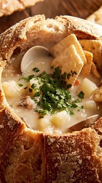 Overhead Closeup Of Creamy New England Clam Chowder In A Bread Bowl With Oyster Crackers And Fresh Parsley