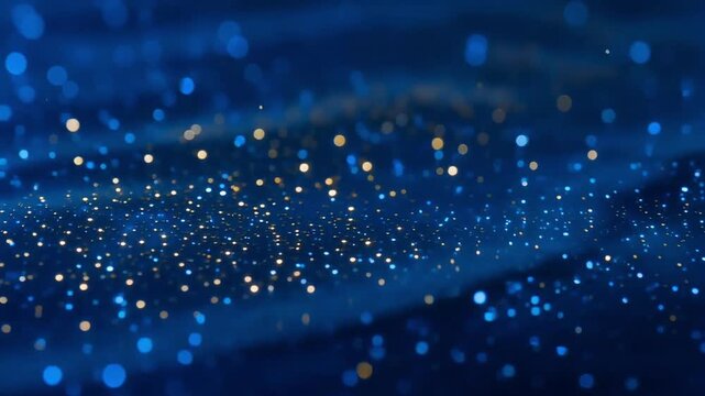 Golden glitter particles floating in motion over a deep blue surface creating a mesmerizing abstract light display video clip animation