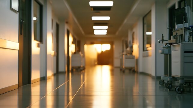 A calm and clean hospital corridor features sterilized medical instruments bathed in a warm golden glow