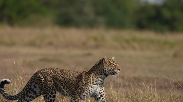 Slow Motion Leopard Running Gracefully Through the African Savannah Landscape