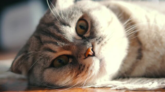 Close-up of a beautiful grey Scottish Fold cat relaxing on the floor under warm sunlight, looking directly at the camera