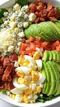 Cinematic View Of Overhead Organized Cobb Salad With Rows Of Hard Boiled Egg Bacon Bits Blue Cheese And Avocado In Clean White Lighting Fresh Ingredient Food Commercial
