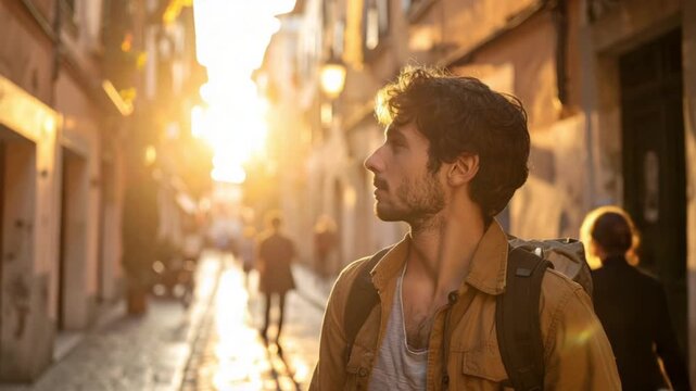 Young man exploring old city street at golden hour with backpack