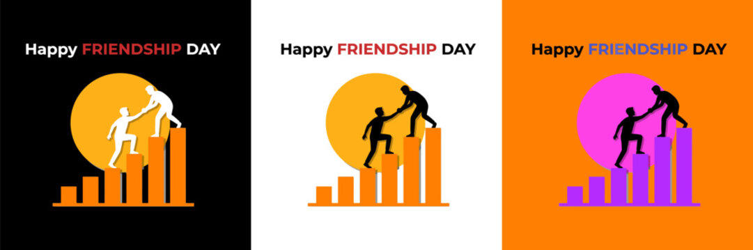 Happy friendship day banner template, friend helping each other climb growth bar chart silhouette vector set
