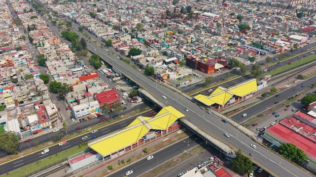 High altitude view of metro station and urban development