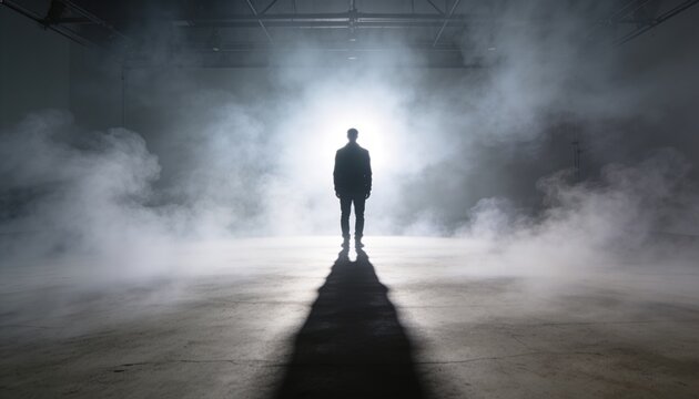 Standing backlit man facing intense light in warehouse, casting long shadow on concrete with fog