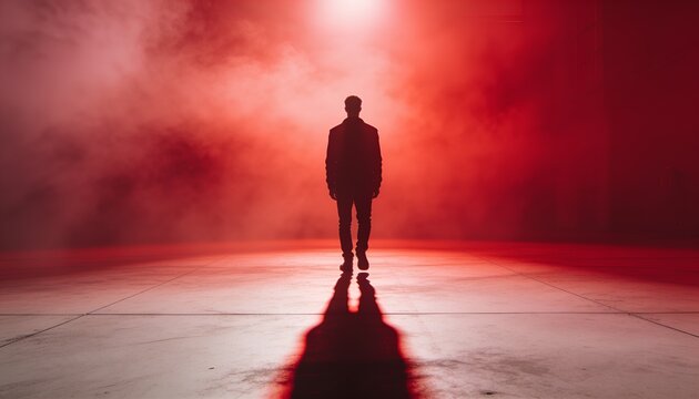 Standing man in dark outerwear casting long shadow on stage floor, red backlight and fog