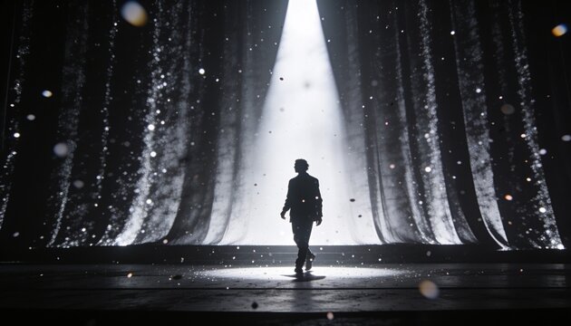 Walking performer crossing stage toward beam, dark coat, drapes, shiny floor, falling confetti