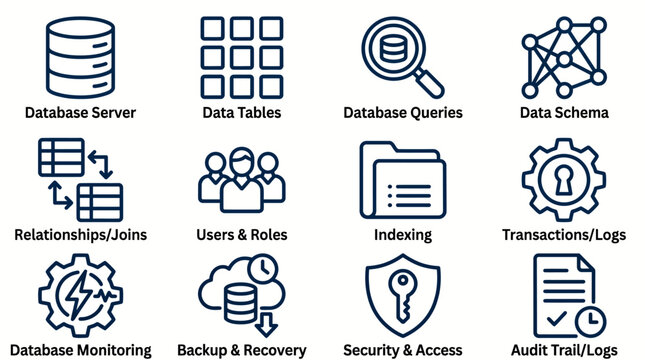 Database management system concepts including server, queries, schema, and security features