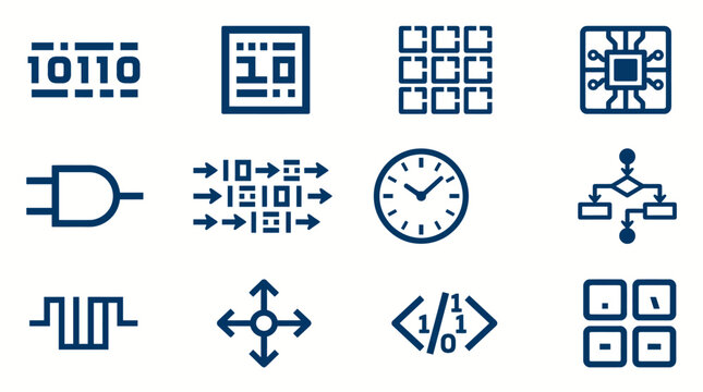 Collection of various technology and computer icons on a including circuit board and clock symbols