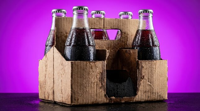Dark beer bottles in a cardboard carrier with condensation, set against a vibrant purple neon background. Perfect for beverage, bar, or party design projects.