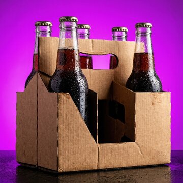 Dark beer bottles in a cardboard carrier with condensation, set against a vibrant purple neon background. Perfect for beverage, bar, or party design projects.