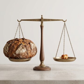 Balance scale with a large rustic bread on one side and a small piece on the other. Ideal for bakery, bread, or measurement themed design projects. Shrinkflation concept background.