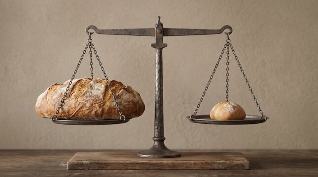 Balance scale with a large rustic bread on one side and a small piece on the other. Ideal for bakery, bread, or measurement themed design projects. Shrinkflation concept background.