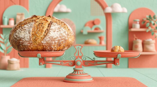 Balance scale with a large rustic bread on one side and a small piece on the other. Ideal for bakery, bread, or measurement themed design projects. Shrinkflation concept background.