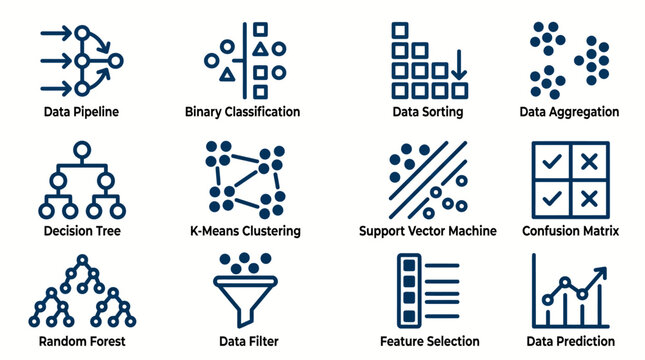 Collection of data science and machine learning icons for analysis and prediction