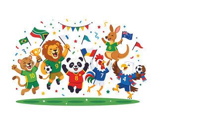 Fototapeta premium A diverse group of anthropomorphic animals celebrating a sports victory with flags, confetti, and a trophy.