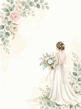 Watercolor illustration of a bride from behind in a white gown holding a bouquet, surrounded by floral corners. Perfect for wedding invitations, bridal showers, or romantic design projects.